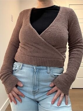 RD Style Mauve Fuzzy Cropped Wrap Sweater Small